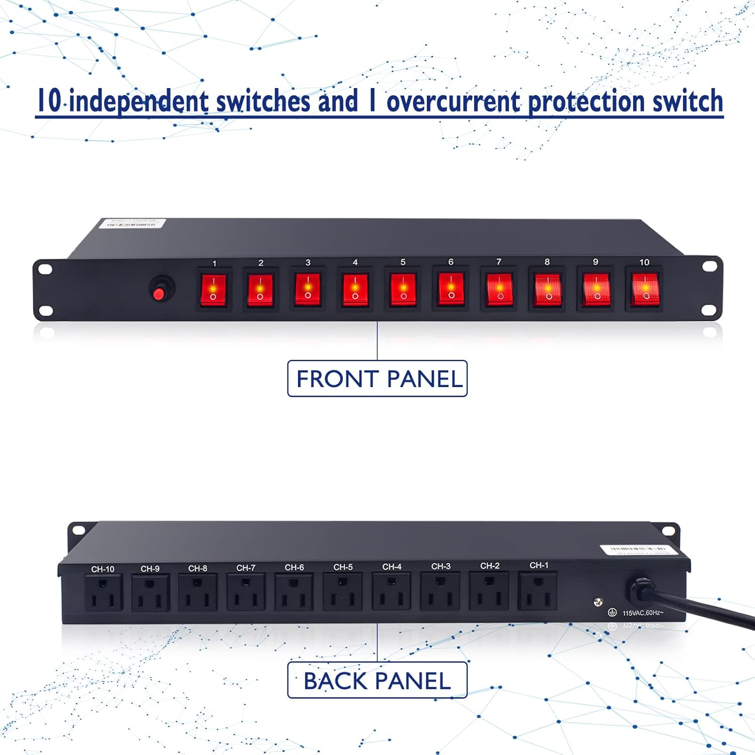 Buy 10 Outlet Horizontal 1U Rack Mount PDU Power Strip Surge