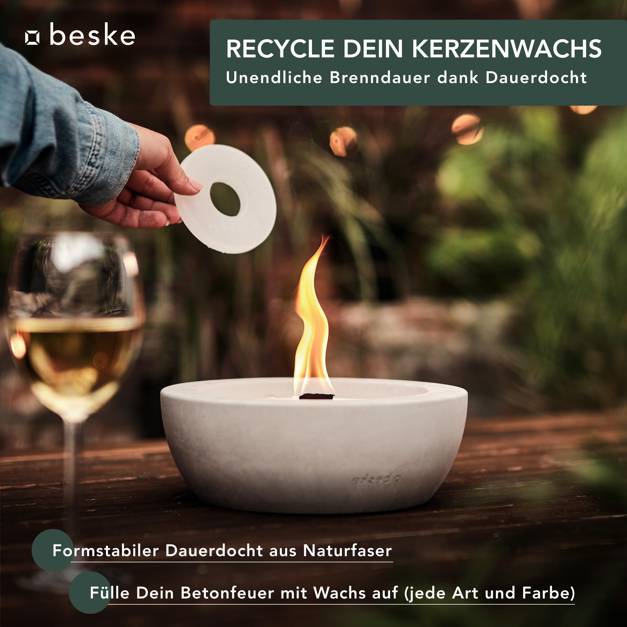 Das Original der Beske-Manufaktur | Modell 'SAVO' | Ø25cm mit Dauerdocht | Wiederbefüllbare Fackel | Unendliche Brenndauer | Recycling von Kerzenwachs | Tischfeuer Fackel