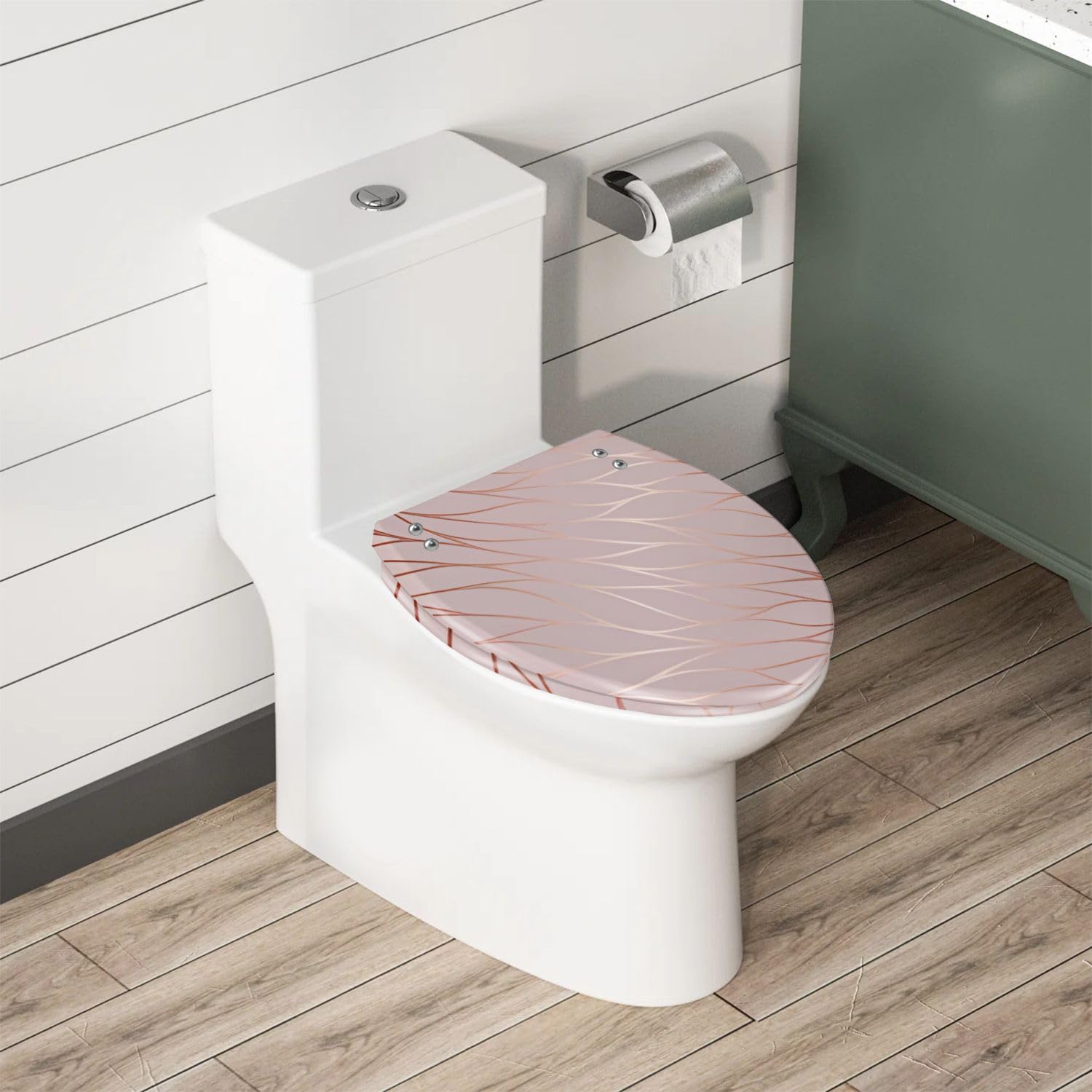 Elongated Toilet Seat Rose gold pattern Marble imitation rose gold Rose marble Resin Toilet Seat with Quietly Close Quick Release Hinges Decorative Toilet Seat with Cover Easy to Install