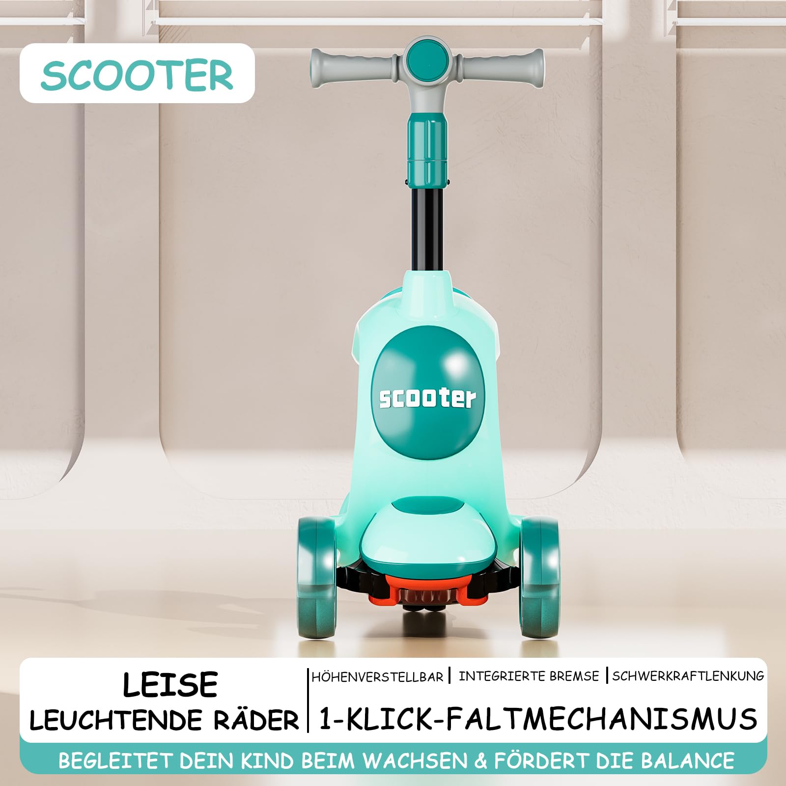 Habib Kinderroller Tretroller – 3-in-1 Scooter mit Sitz, LED Rädern, Höhenverstellbar & Faltbar – Sicher & Robust für Kleinkinder bis Schulkinder