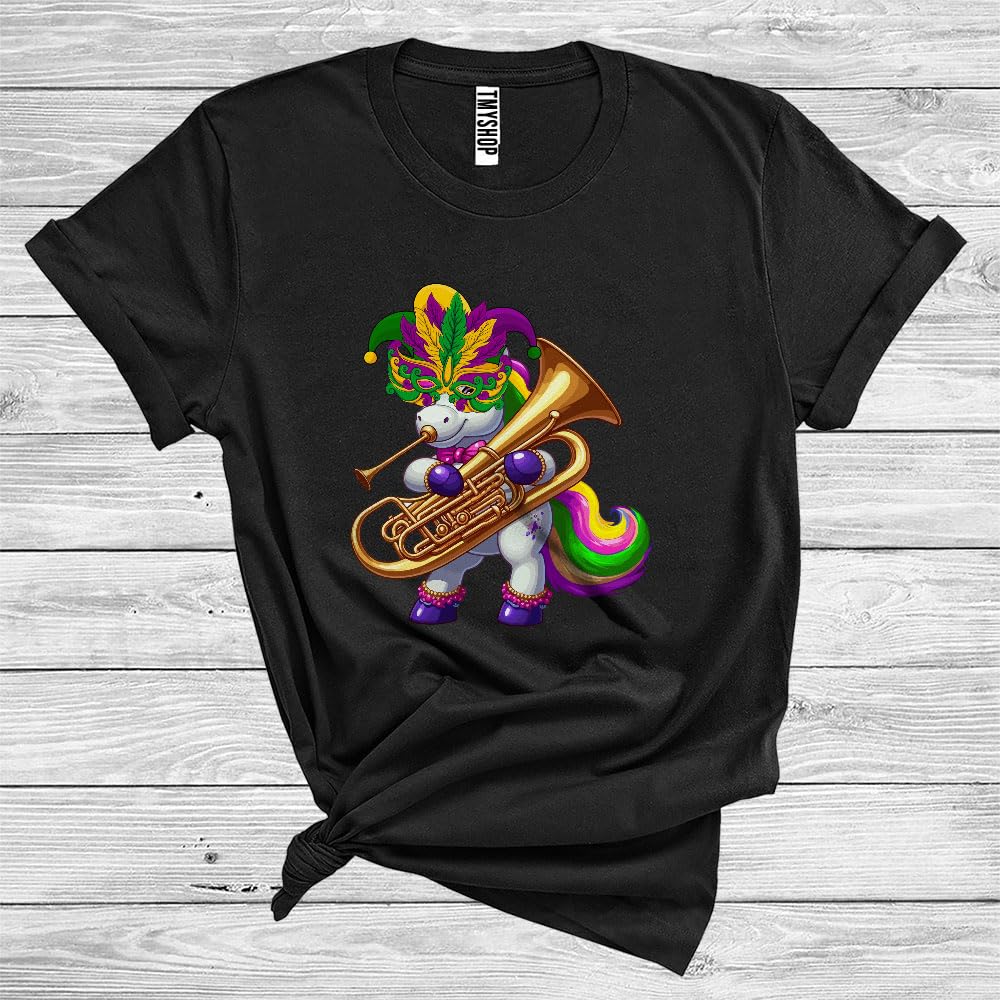 Cute Unicorn Playing Bassoon, Adorable Mardi Gras Masked Unicorn Lover, Bassoon Team Player Unisex T-Shirt Black