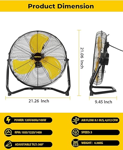 Miniatura 2 de VENTISOL Ventilador de piso portátil de 18 pulgadas, ventiladores industriales de metal de 3 velocidades con inclinación de 360°, ventilador