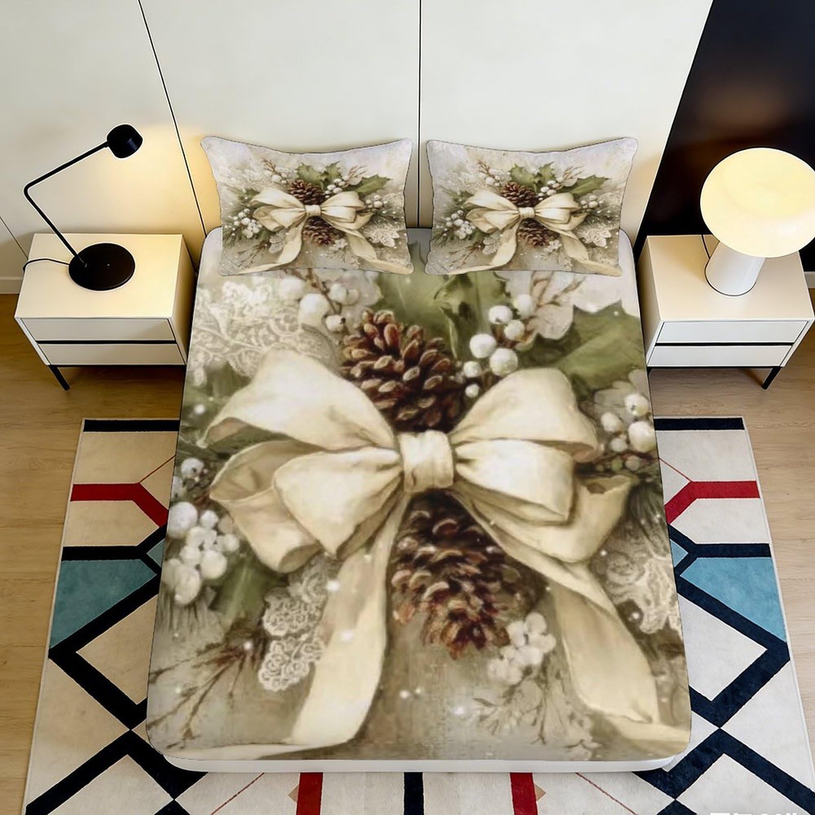 3D Printed Pine Cone Bow Fitted Sheet Microfiber Soft Breathable Christmas Bed Cover for Bedroom Dormitory Guest Room Mattress Protection Decor 200x200x25cm