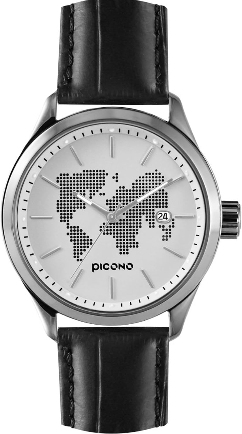 PICONOWorld Map Time and Date Automatic Water Resistant Analog Quartz Watch - No. 12601 (Silver/Silver)