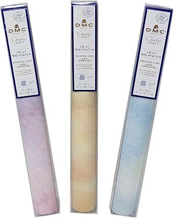 Printed Aida Cloth Set, 3 Mottled Colors Include Dew, Sunset & Sand, 14 ct. Plus Decorative needleworker Sticker