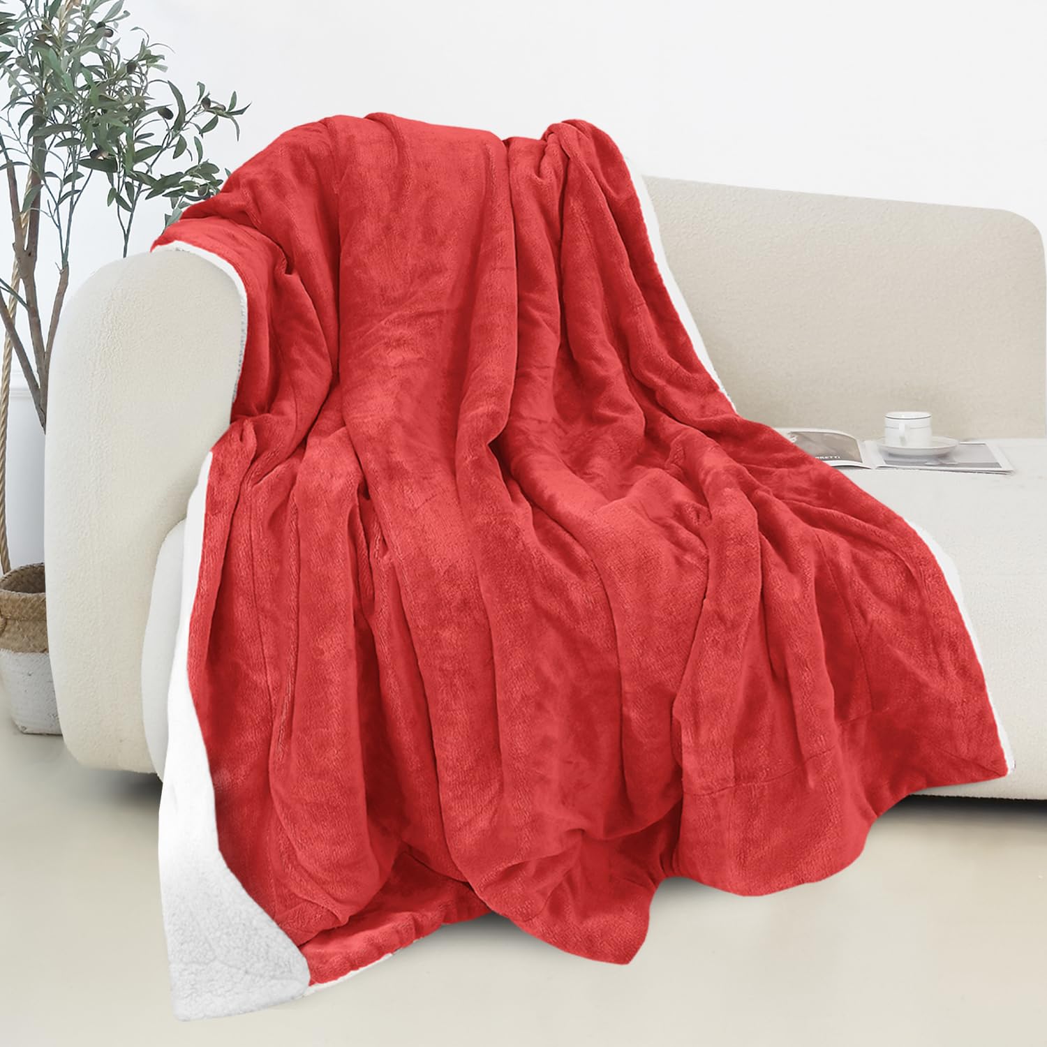 Elegant Comfort Dwustronny i ultra-pluszowy koc flanelowy Sherpa - lekka, miękka i przytulna, całoroczna dekoracyjna narzuta, idealna do wypoczynku, 127 x 152 cm, czerwona