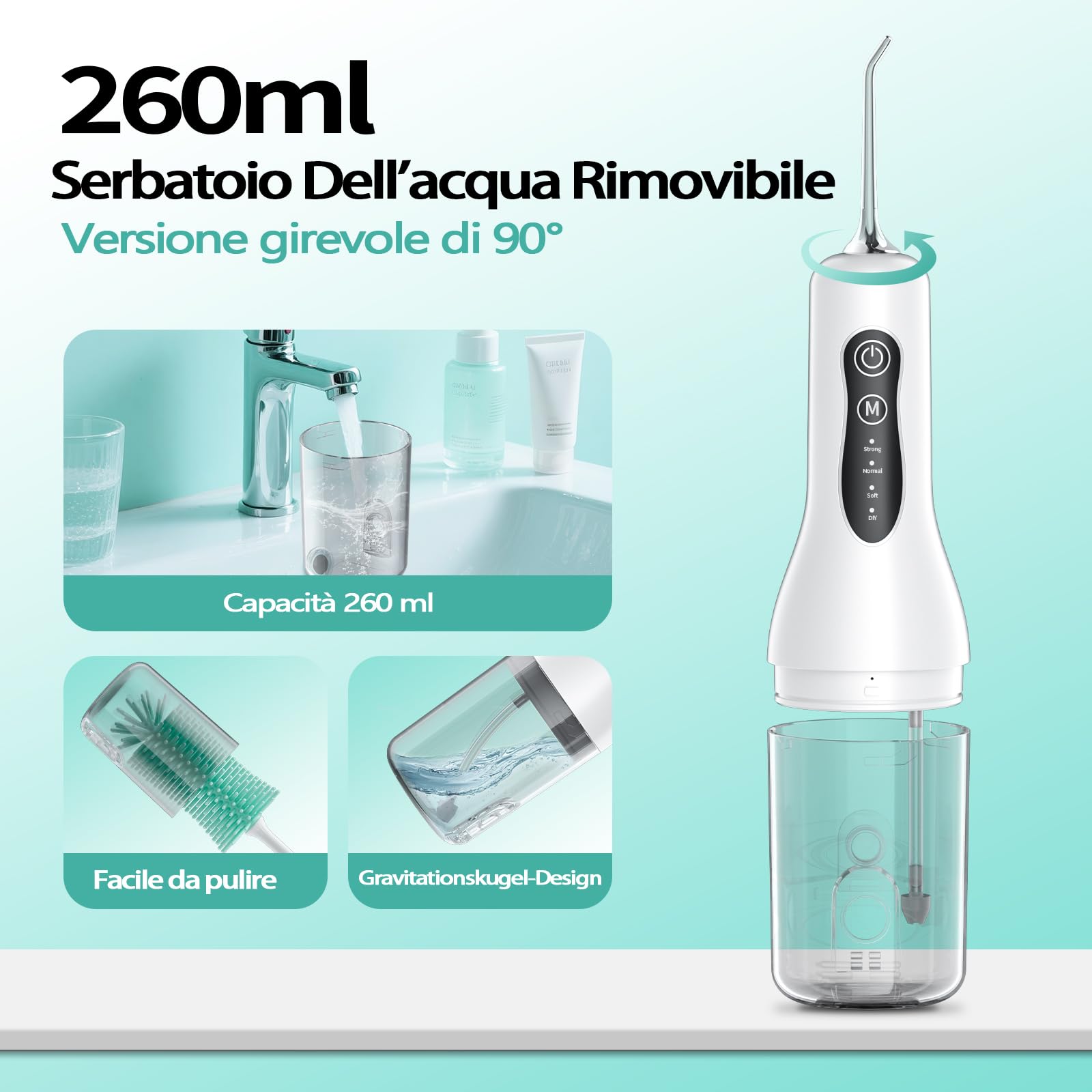 Idropulsore Dentale Portatil, Irrigatore Dentale 4 Modalità e 5 Ugelli Ricambio, Irrigatore Orale per Pulizia Giornaliera e Pulizia Profonda, Water Flosser Adatto per Viaggi e Uso Domestico. Bianco