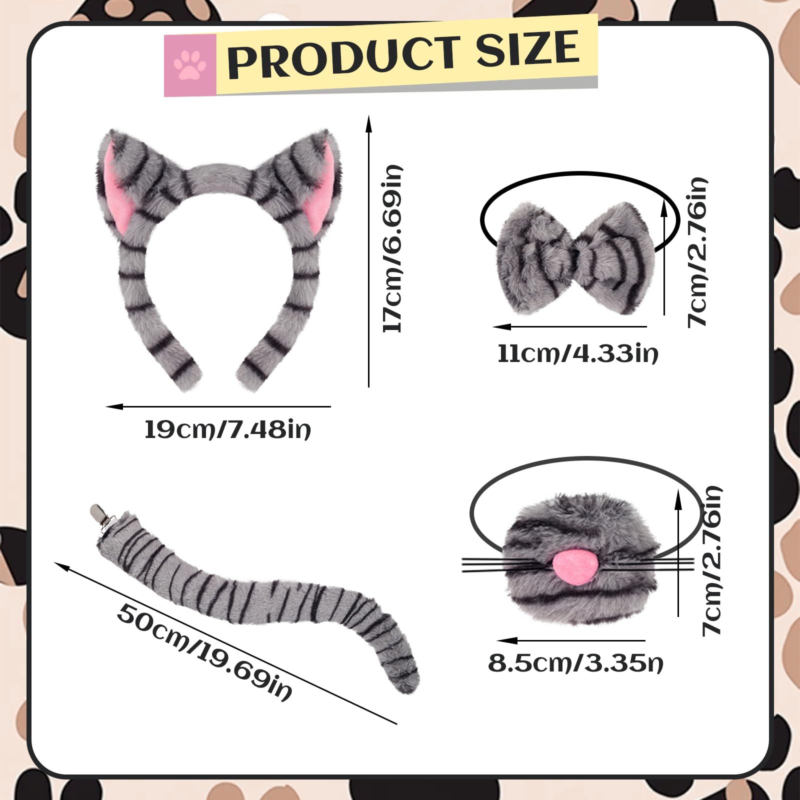 Xerteam 5 Pcs Tabby Cat Costume Accessories for Girls Grey Cat Costume with Headband Nose Bow Tie Tutu Skirt Tail - Image 2