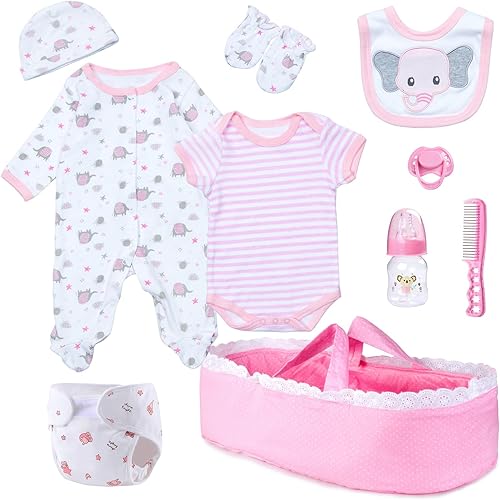 Ropa de muñeca Reborn con moisés y accesorios de pañales reutilizables, juego de 10 piezas para muñecas de bebé de 17 a 22 pulgadas, muñecas rosadas
