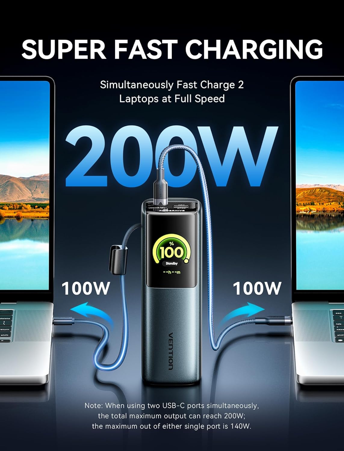 VENTION Powerhive 27000mAh Laptop Power Bank, 200W, Built-in and Extra 240W USB-C Cables, Portable Laptop Charger, Digital Display, for iPhone 17/16/15/14/13 Pro Max, MacBook, Dell, HP, Galaxy S24