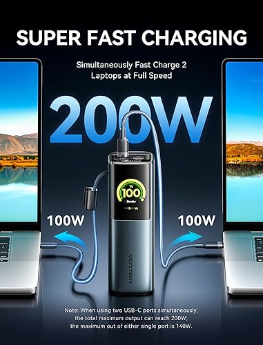 Miniatura 3 de VENTION Powerhive - Banco de energía para laptop, 200 W, 27000 mAh, cables USB-C integrados y adicionales de 240 W, cargador portátil para laptop,