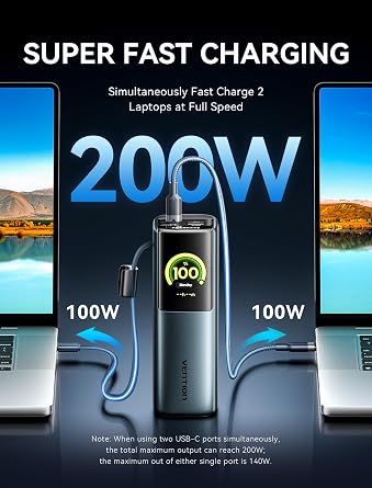 VENTION Powerhive 27000mAh Laptop Power Bank, 200W, Built-in and Extra 240W USB-C Cables, Portable Laptop Charger, Digital Display, for iPhone 17/16/15/14/13 Pro Max, MacBook, Dell, HP, Galaxy S24