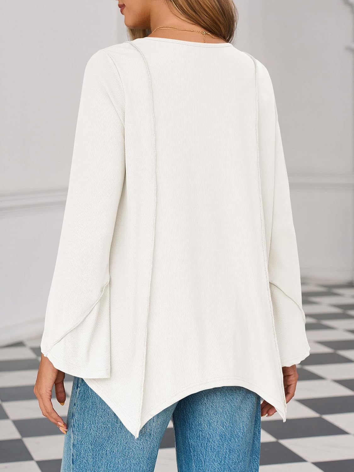 Tankaneo Womens Long Bell Sleeve Tops V Neck Asymmetrical Hem Ribbed Shirts Flowy Trendy Loose Fit Tees Tunic Shirts - Image 7