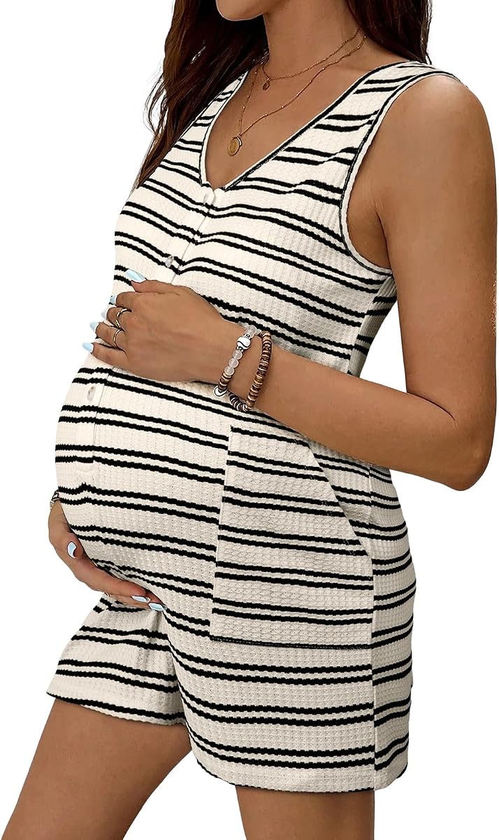 BLENCOT Maternity and Postpartum Romper for Women Button Down Striped Sleeveless V Neck Loose Jumpsuit with Pockets