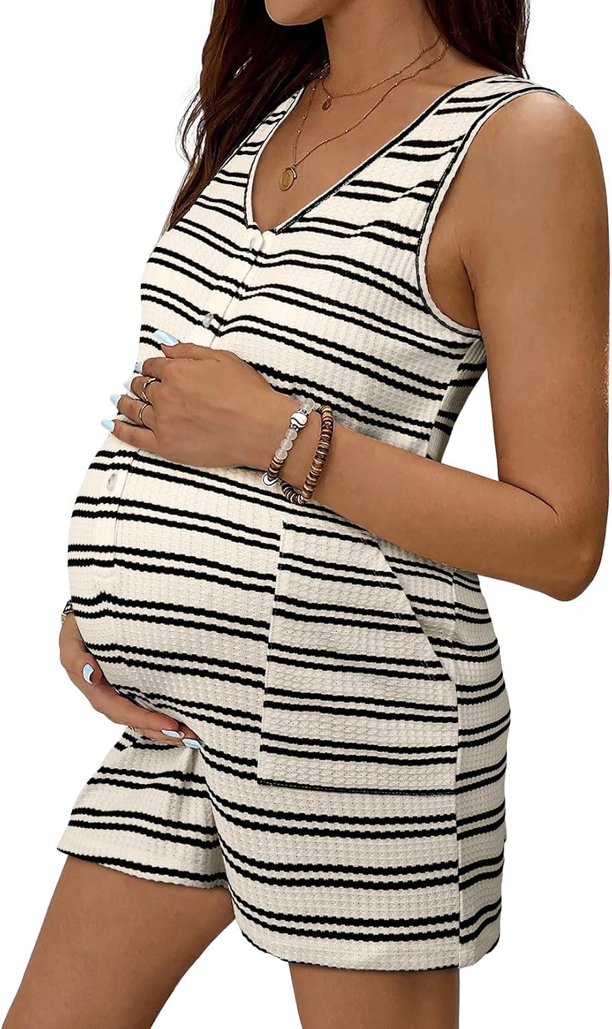 BLENCOT Maternity and Postpartum Romper for Women Button Down Striped Sleeveless V Neck Loose Jumpsuit with Pockets