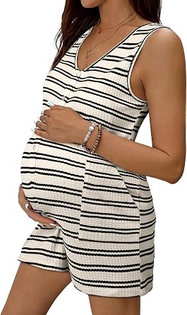 BLENCOT Maternity and Postpartum Romper for Women Button Down Striped Sleeveless V Neck Loose Jumpsuit with Pockets