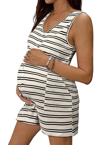 BLENCOT Women's Striped Maternity Romper Casual Sleeveless V Neck Button