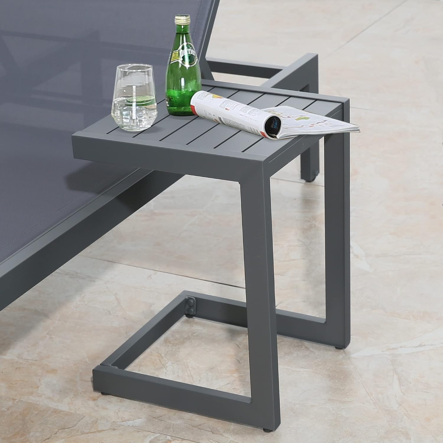 Ulax furniture Aluminum Patio Snack Side Table C Shaped Outdoor End Table Outside Small Table (Dark Grey)