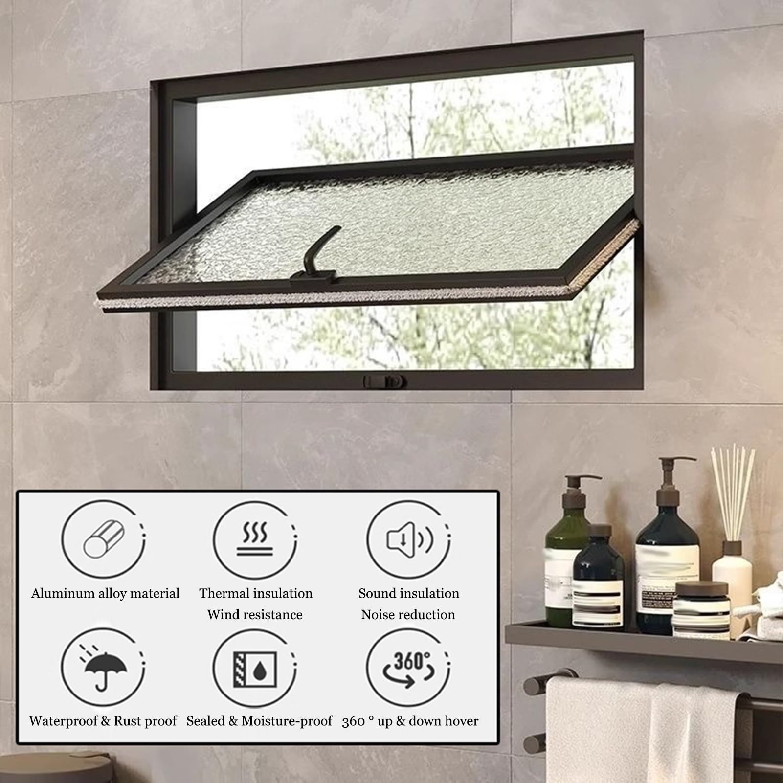 Finestra in Metallo Rettangolare Girevole a 360°, Vetro per la Privacy, Finestra a Battente Girevole, Finestra di Ventilazione incorporata per Bagno Interno, seminterrato (Bianco, 60X30CM/23