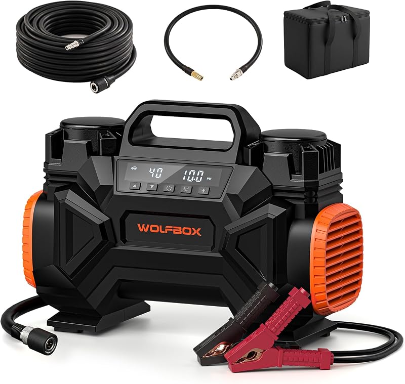 HyperFlow60D 12V Portable Air Compressor, 60-Minute Runtime Offroad Air Compressor, 150 PSI Heavy Duty Tire Inflator with Auto Stop, Dual Cylinder Air Pump for Off-Road,4x4 Vehicle,Pickups,RVs
