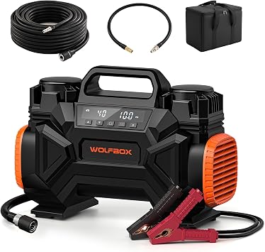 WOLFBOX HyperFlow60D 12V Portable Air Compressor, 60-Minute Runtime Offroad Air Compressor, 150 PSI Heavy Duty Tire Inflator with Auto Stop, Dual Cylinder Air Pump for Off-Road,4x4 Vehicle,Pickups,RVs