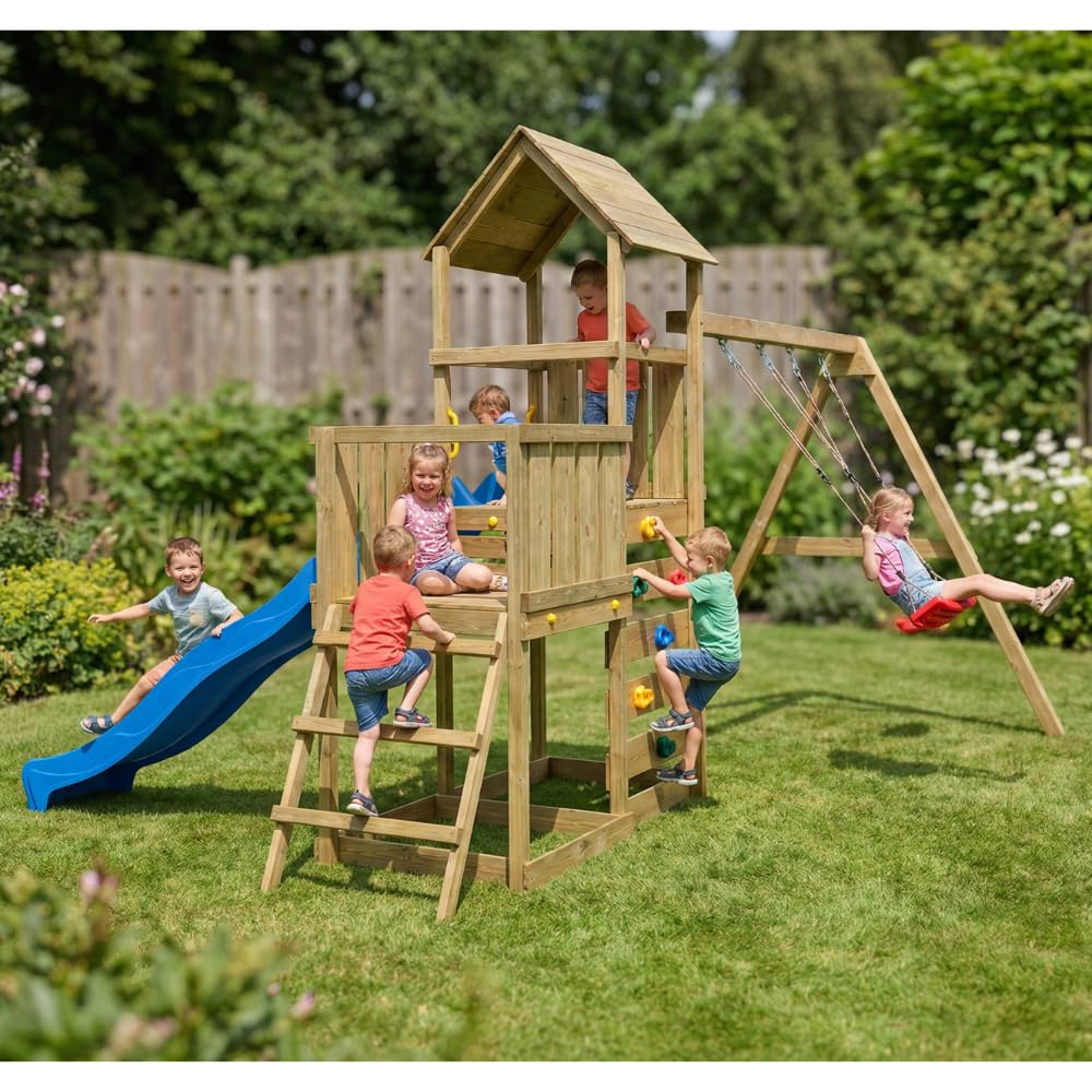 Gioco da Giardino in Legno Maxplay 3.2 con Torre a 2 Livelli, Scivolo 2,2 m, Doppia Altalena e Parete Arrampicata – Parco Giochi Completo con Sabbiera, 356x395x262 cm, Legno Impregnato (Blu)