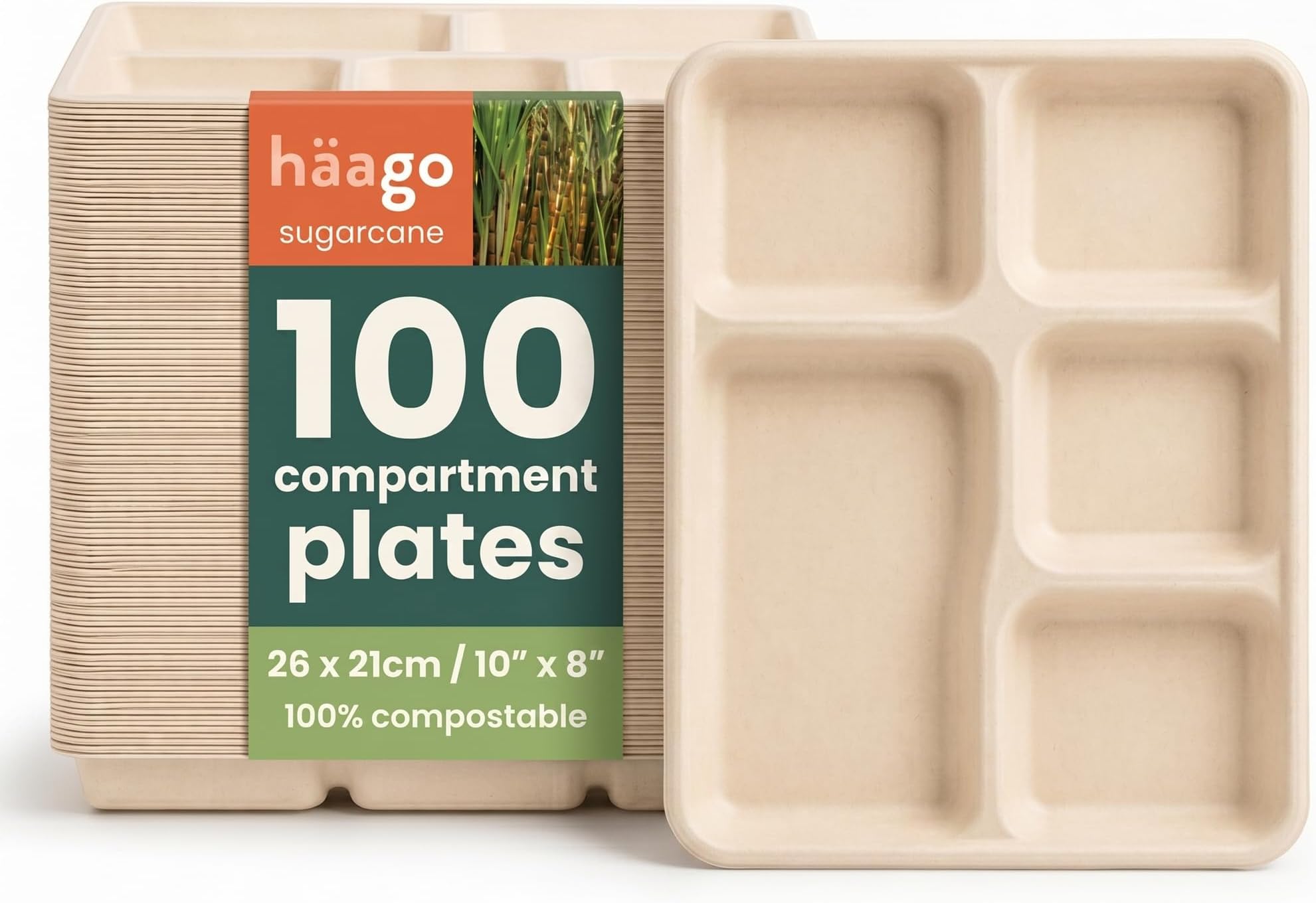 HAAGO 100 Strong Biodegradable Compartment Plates 26x21cm – 5 Section Sugarcane Bagasse Trays - Heavy Duty, Grease- & Leak-Proof - Compostable Paper Plates for Hot & Cold Food, Party & Catering