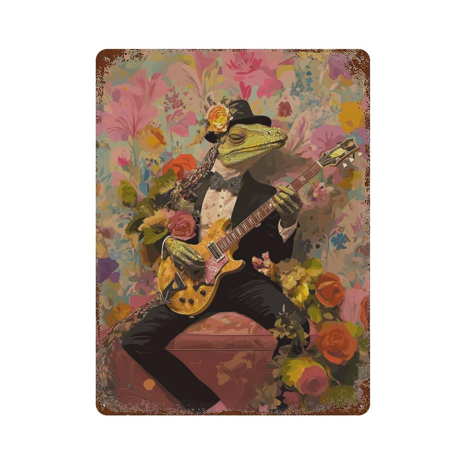 Rust Effect Tuxedo Lizard Guitarist Distressed Metal Wall Sign 15.7"x11.8", Decorative Metal Wall Art for Living Room, Hallway And Home Decor