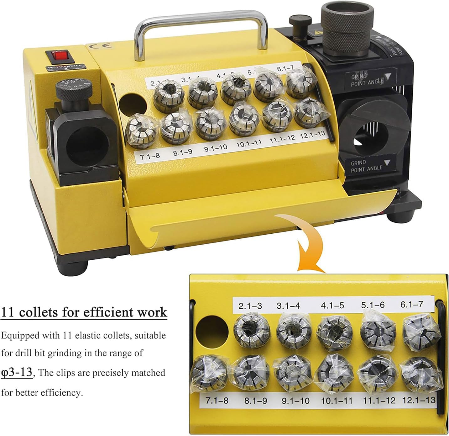 Professional Drill Bit Sharpening Tool End Mill Sharpener Re-Sharpener Machine Bench Drill Grinder Machine with 11 Collects for Workshop