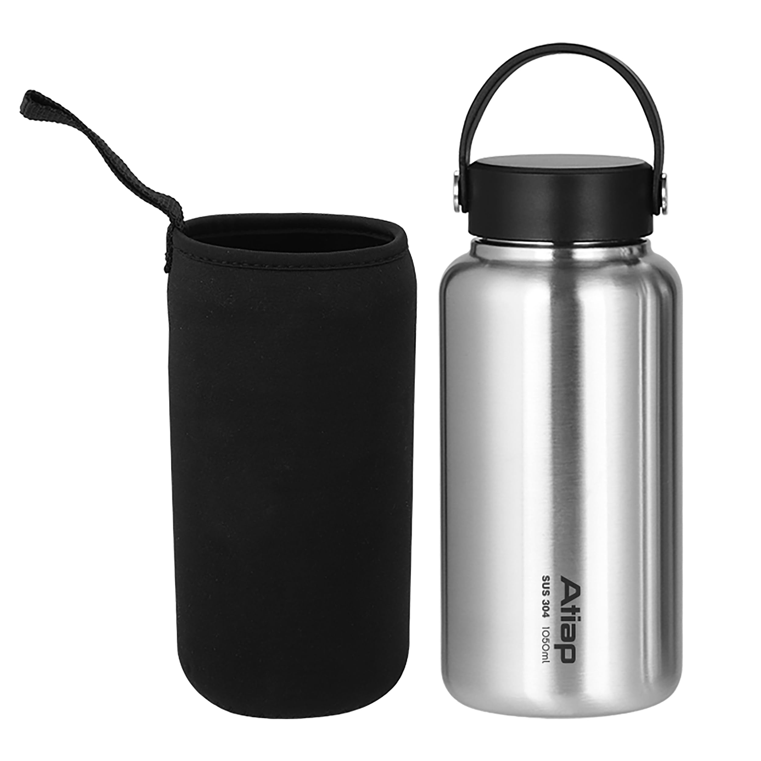 ATiAP Wide Mouth Stainless Steel Water Bottle, 1050ml (35oz) Single Wall Metal Canteen, Leak-Proof Large Capacity Flask for Hiking, Camping, Backpacking and Outdoor Survival, 7.9 x 3.6 inches