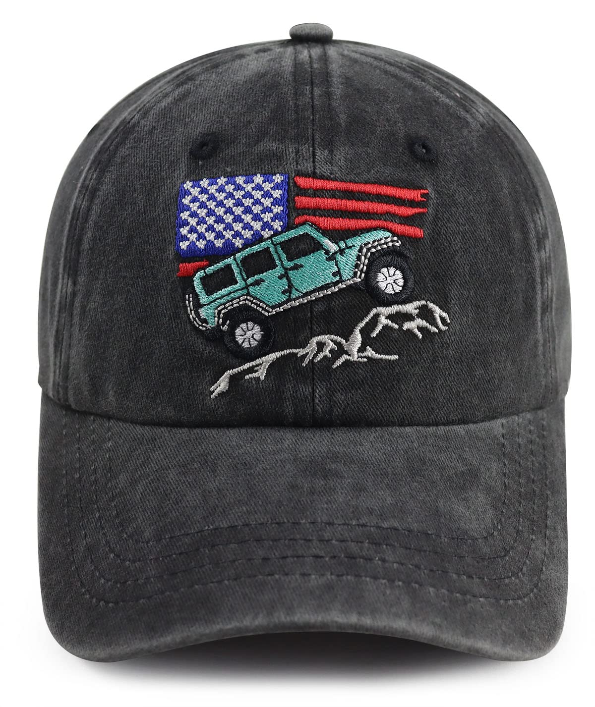 GoyklrbAmerican Flag Car Hat for Men, Funny Adjustable Washed Cotton Embroidered USA Mountain Offroad Cars Hat