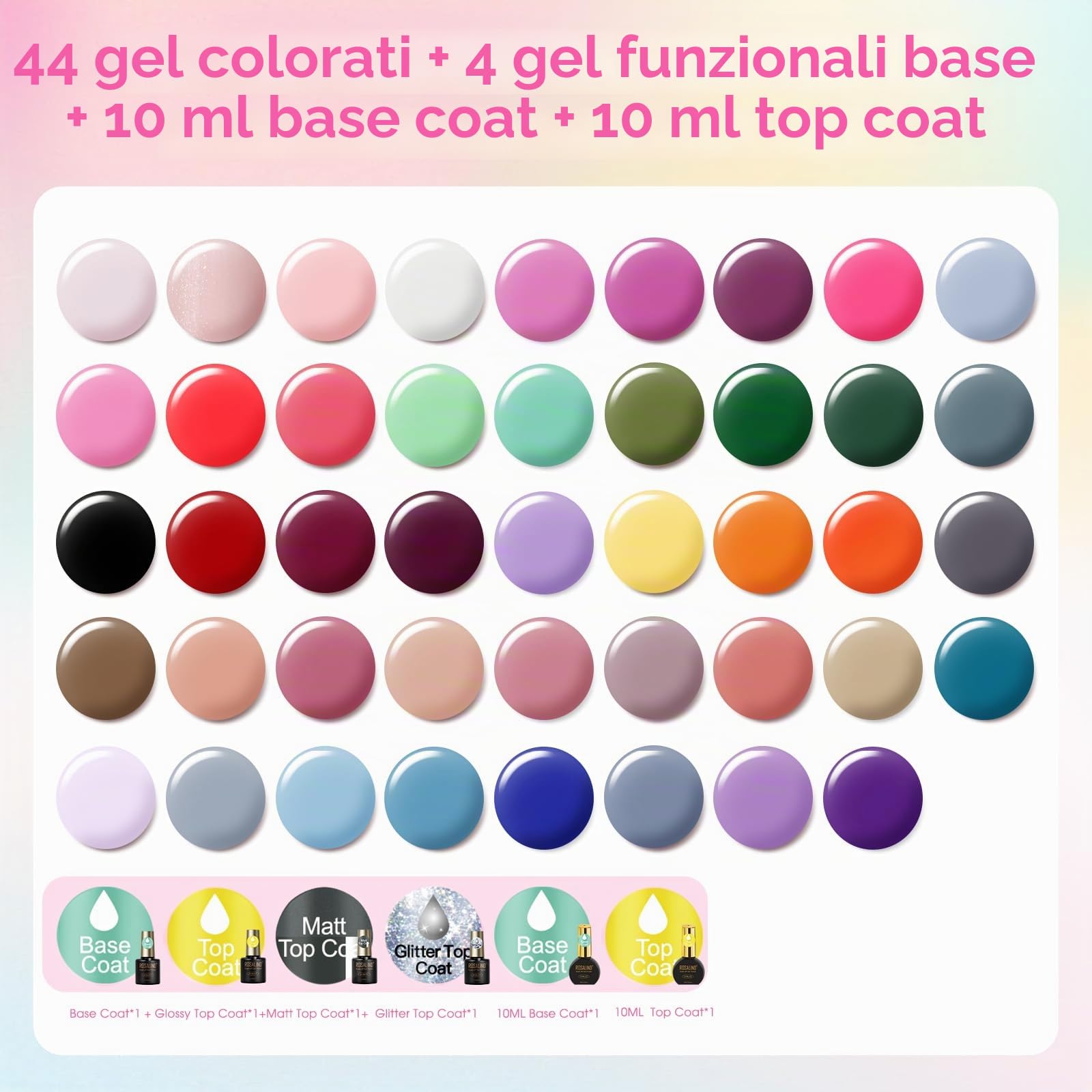 ROSALIND Kit Semipermanente Unghie, 44+4 Pezzi Kit Unghie Gel Completo con 48W UV LED Lampada, Kit Smalto Semipermanente Completo Rosa Verde Rosso Blu Viola Grigio Colori Smalto Unghie Regalo