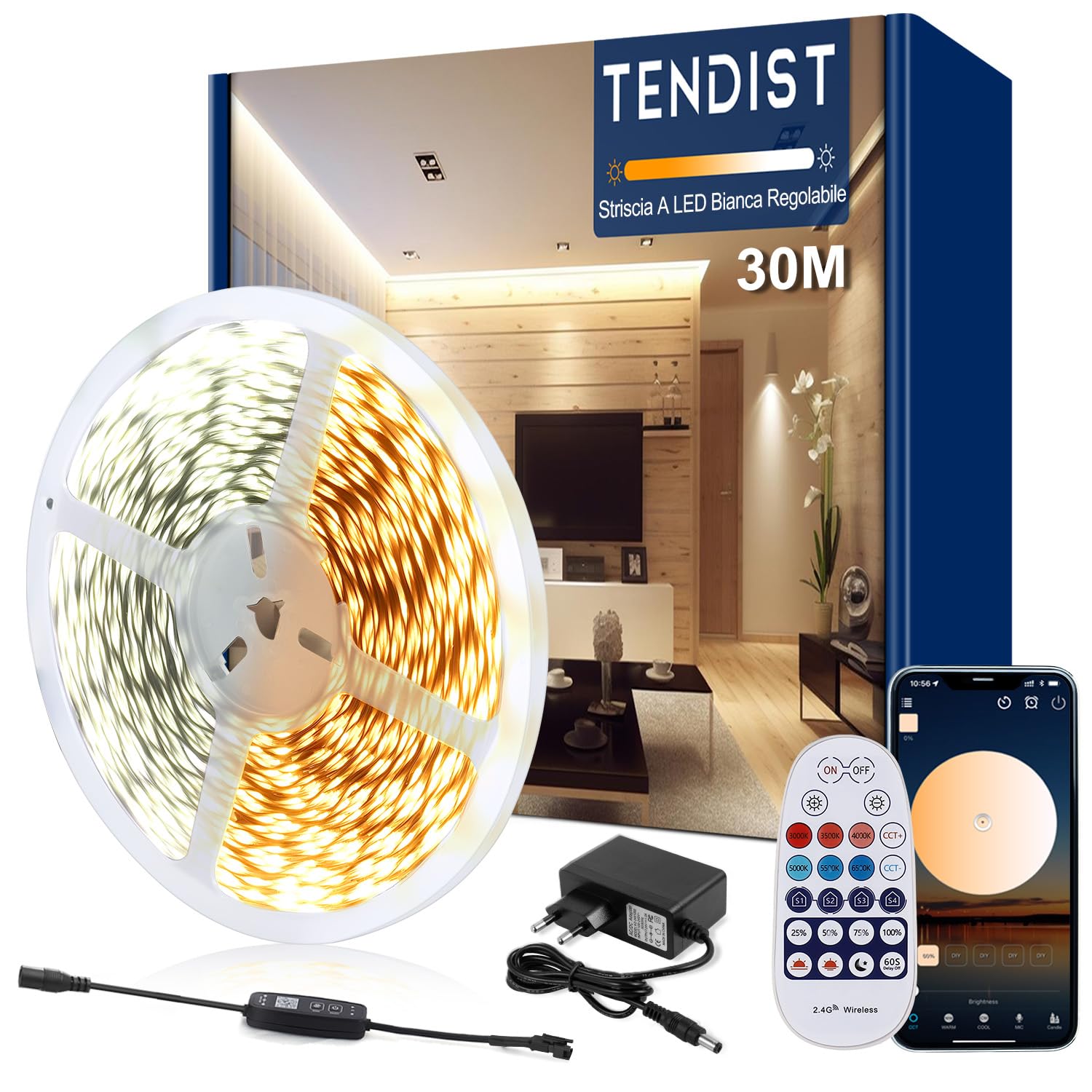 30M Striscia Led Bianca Dimmerabile, 3000K-6500K Da Bianco Caldo a Bianco Freddo, 24v Con Telecomando, Striscia Led Cucina, App Intelligente Per La Decorazione (3000-6500K, 30M)