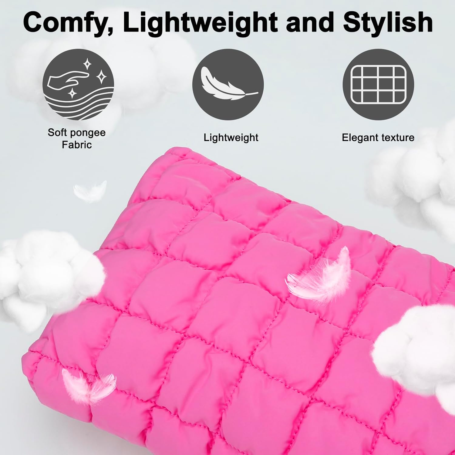 DOB SECHS Puffer Quilted Makeup Bag with Handle, Cute Puffy Cotton Cosmetic Bags for Women, Checkered Toiletry Zipper Pouch, Travel Essentials Storage Organizer Clutch Pouches Pencil Case, Hot Pink - Image 3