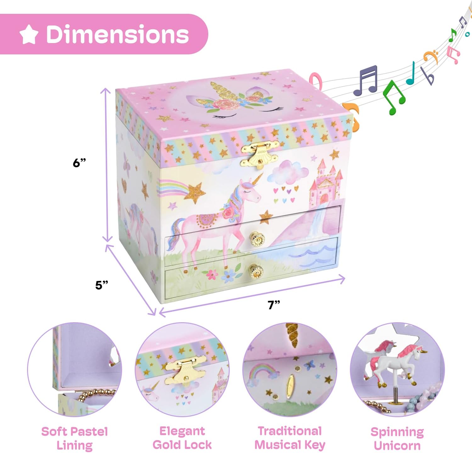 Jewelkeeper Enchanting Unicorn Musical Jewelry Box for Girls - Sparkling Rainbow Design Music Box with 2 Pullout Drawers to Store Earrings, Necklace and Bracelets - Plays The Beautiful Dreamer Tune