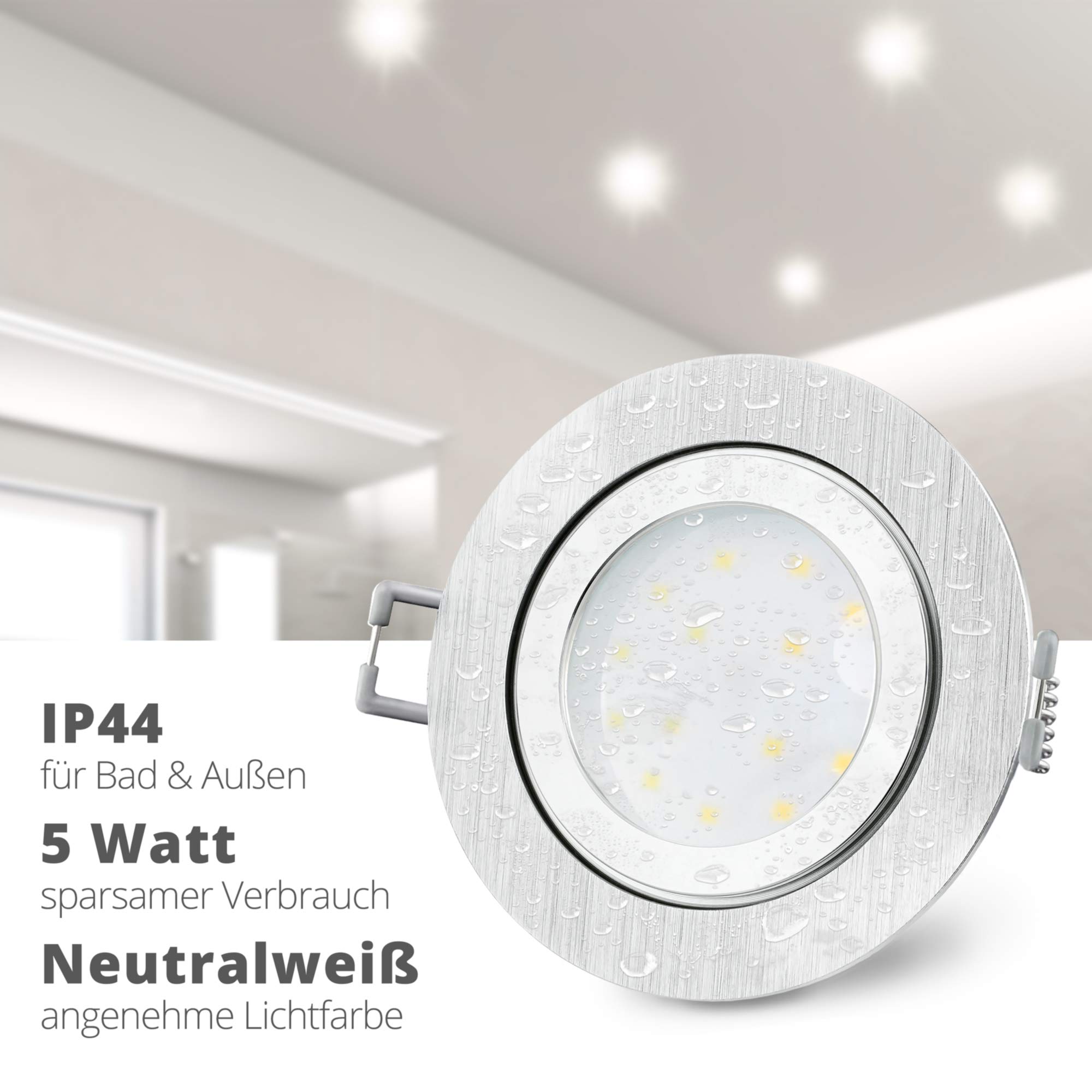 SSC-LUXon RW-2 LED Bad Einbauleuchte 6x rund Alu IP44 4W neutralweiß | Spritzwassergeschützte Downlights im 6er Set fürs Bad & Feuchtraum - neutralweiß, nur 30mm tief, Leuchtmittel wechselbar