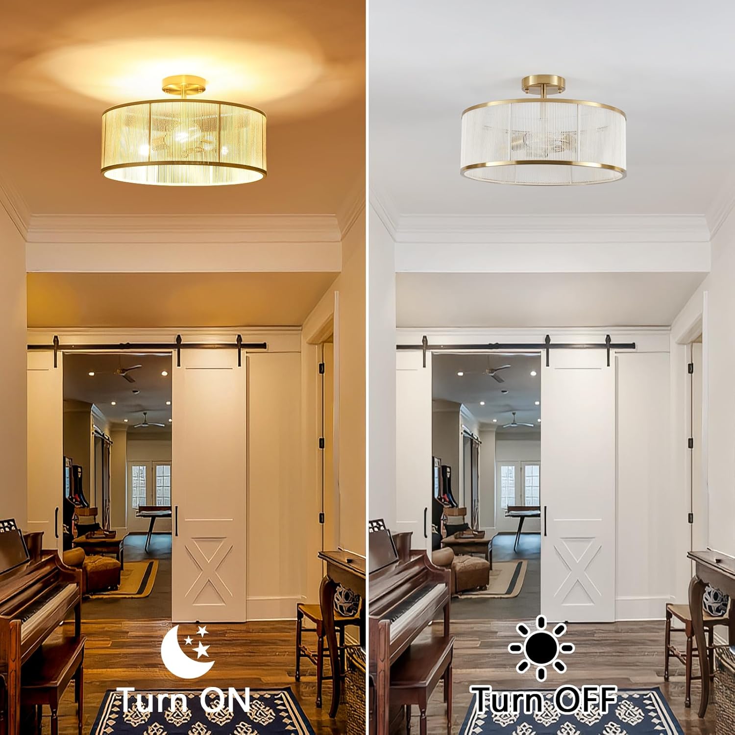 17.3" Boho Gold Semi Flush Mount Ceiling Light Modern Fixtures Ceiling Mount with Hand-Woven Rope Shade 3-Light Drum Lighting Fixtures Close to Ceiling Light for Bedroom Living Room Hallway Kitchen