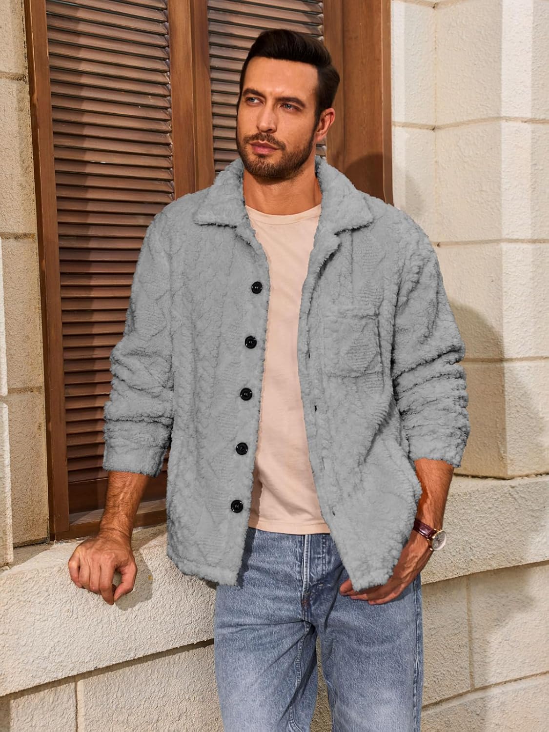 Yousify Mens Fuzzy Sherpa Jacket Fleece Casual Button Down Textured Coat Fall Winter Warm Outwear - Image 3