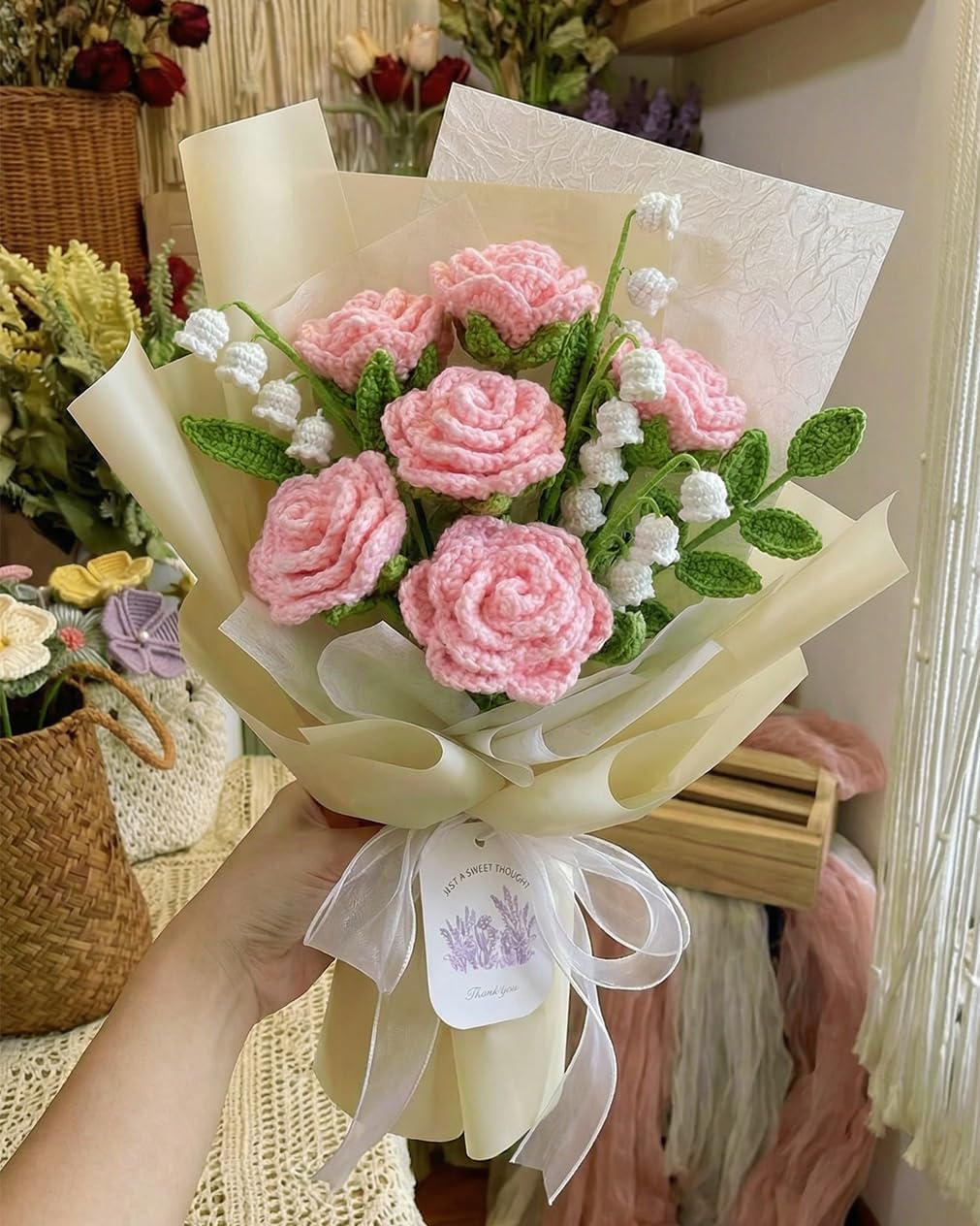 YIFYBY Pink Crochet Flowers 8PCS Knitted Crochet Roses Bulk Artificial Woven Flowers Arrangement for Mother Day Graduation Home Birthday Valentines Day Decor(Pink) - Image 3