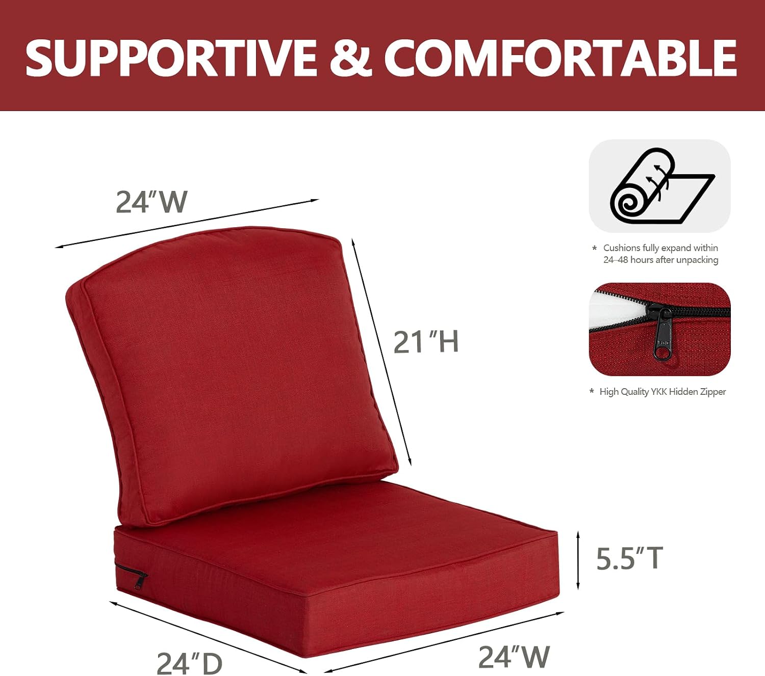 Goodgoods 24 x 24 Outdoor Patio Deep Seat Cushions 2-Pack, 1000+ Hours Fade-Resistant & Water-Resistant Outdoor Furniture Chair Cushions with 30D High-Resilience Foam for Sofa Chair, Chili