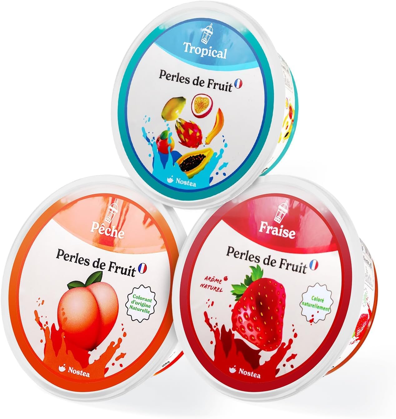 Nostea - Set di 3 vasetti, Perle per Bubble Tea Tropical, Pesca, Fragola – Popping Boba 100% Vegano, Senza Glutine - Perle al Succo di Frutta per Tè, Bevande - Produzione Francese - 3x 450 gr