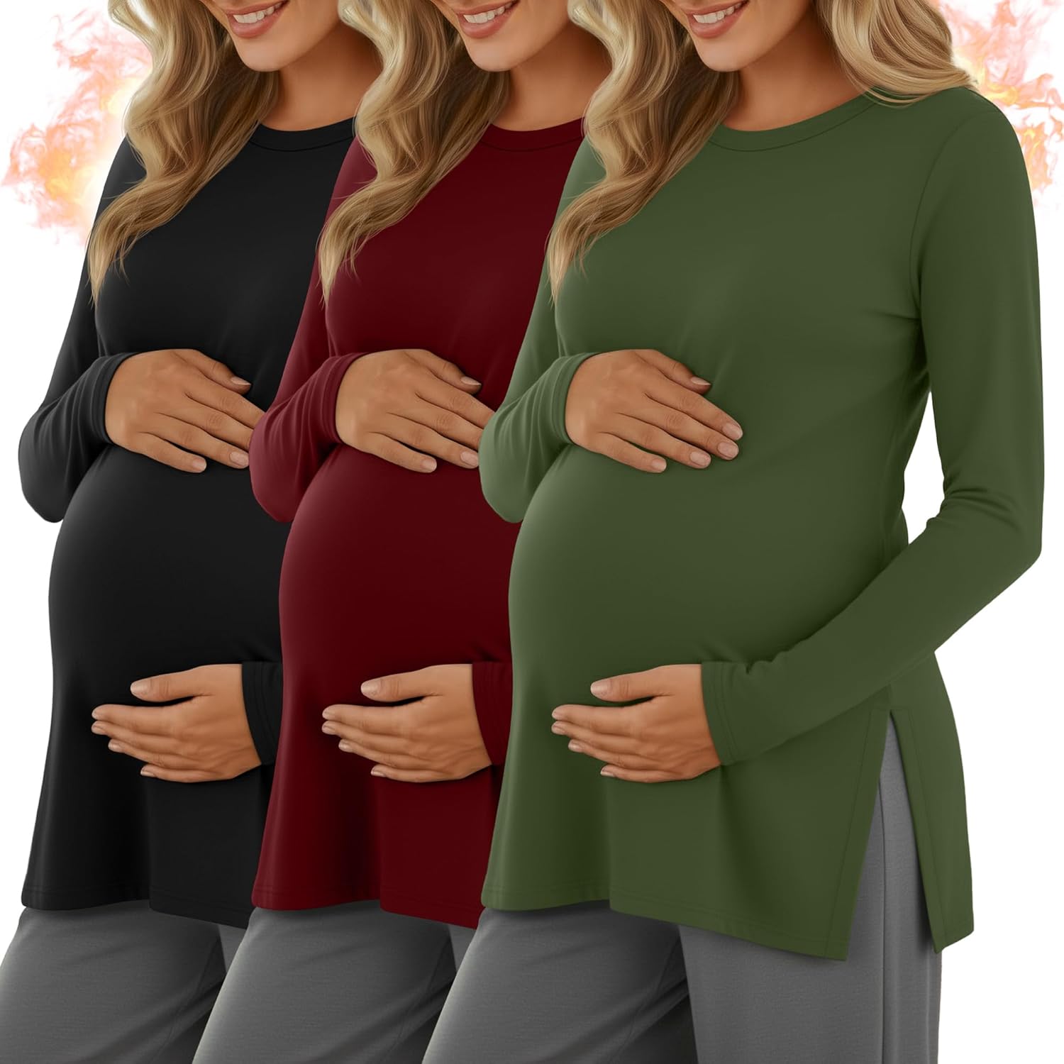 Riyiper 3 Pack Women's Maternity Shirts Split Side Crew Neck Pregnancy Lounge Tee Tops Long Sleeve Loose Fit Pajamas Clothes