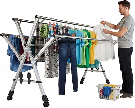 YSUEFIJO Expandable Clothes Drying Rack, Foldable Laundry Hanger Rack, Stainless Steel Garment Rack with Wheels, Multi Layer Clothes Drying Rack for Indoor Outdoor Use, Portable and Easy to Move