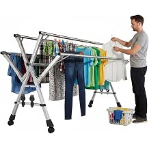 YSUEFIJO Expandable Clothes Drying Rack, Foldable Laundry Hanger Rack, Stainless Steel Garment Rack with Wheels, Multi Layer Clothes Drying Rack for Indoor Outdoor Use, Portable and Easy to Move
