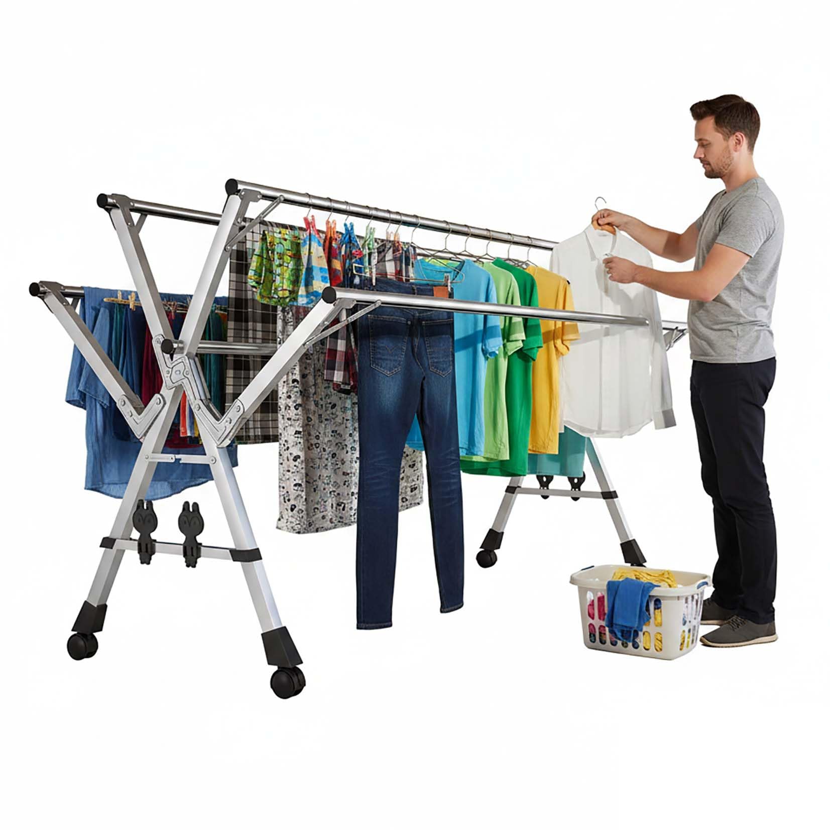 YSUEFIJO Expandable Clothes Drying Rack, Foldable Laundry Hanger Rack, Stainless Steel Garment Rack with Wheels, Multi Layer Clothes Drying Rack For Indoor Outdoor Use, Portable And Easy To Move