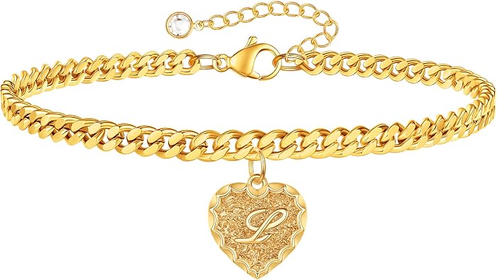 Gold Initial Charm Bracelets Heart Bracelet for Women, 14K Gold Plated Cuban Link Bracelet 26 Letter Bracelets for Women Dainty Charm Bracelets Gold Jewelry Gifts for Women
