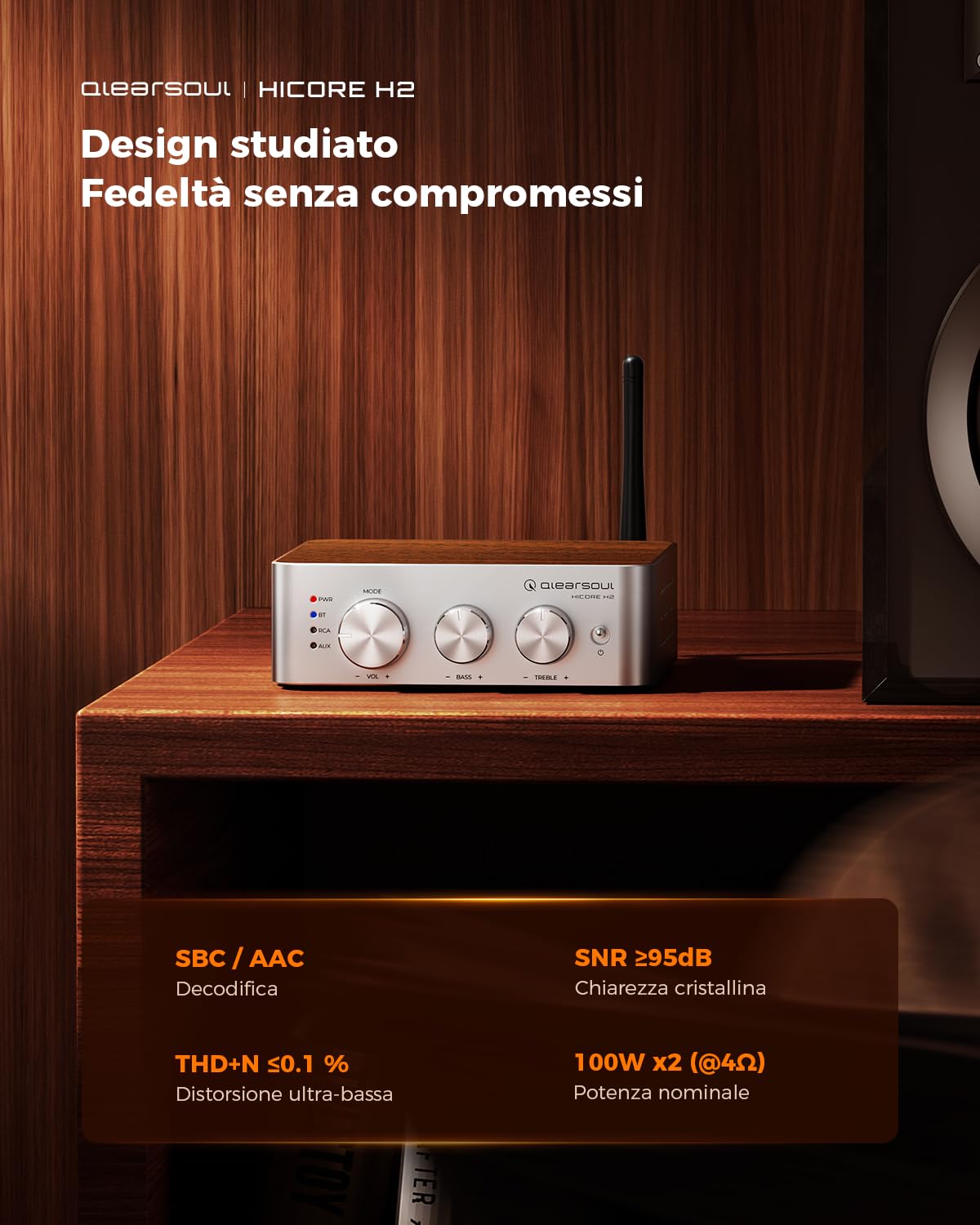 Qlearsoul HiCore H2 Amplificatore stereo Hi-Fi Bluetooth 5.4 - TI TPA3255 Classe D, uscita nominale 100W x2 (@4Ω), modalità BT anti-hijack, hub a 3 ingressi RCA/AUX/BT per altoparlanti passivi