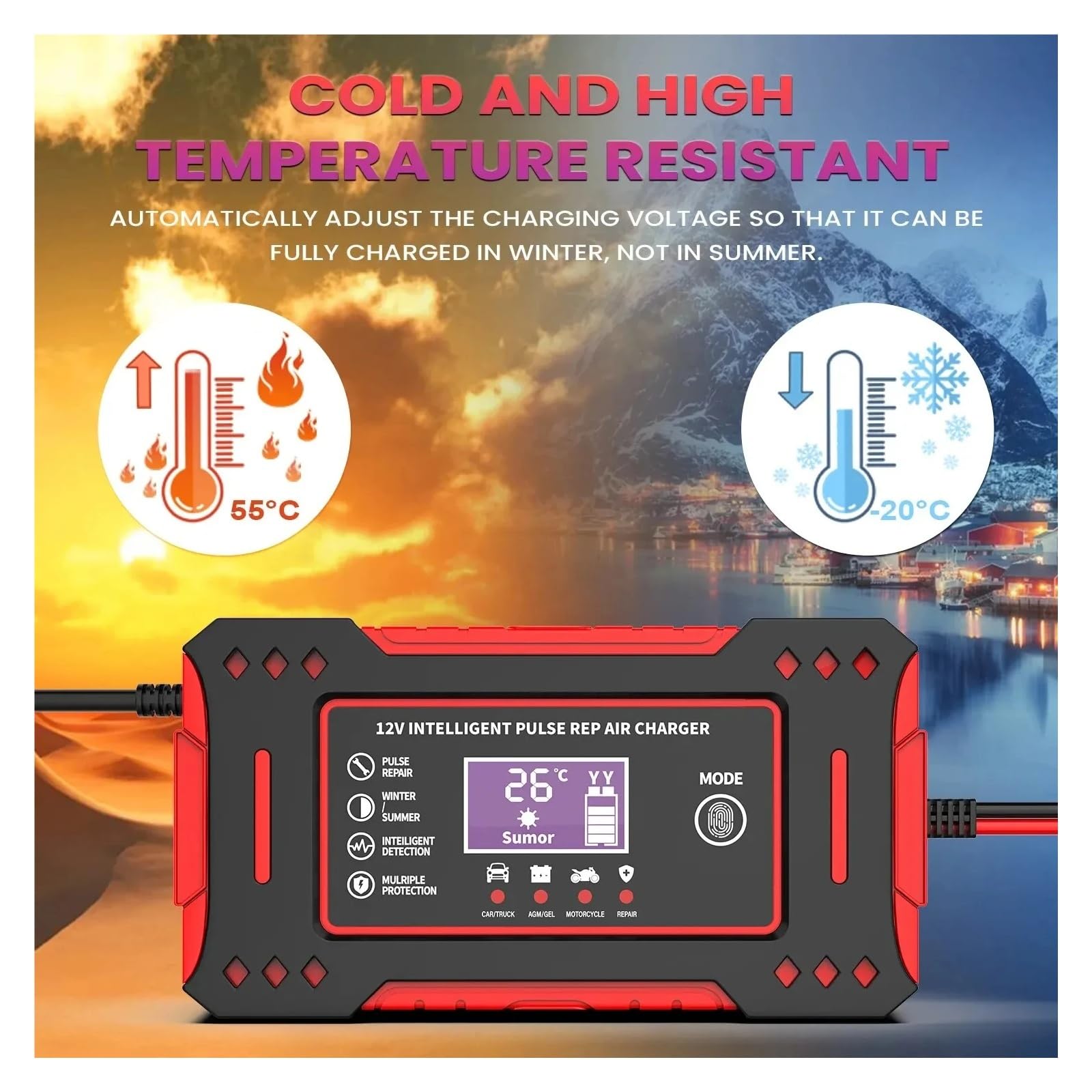 Cargador de Bateria, Cargador inteligente for baterías de coche de 12 V, mantenedor de baterías for motocicleta con pantalla LCD
