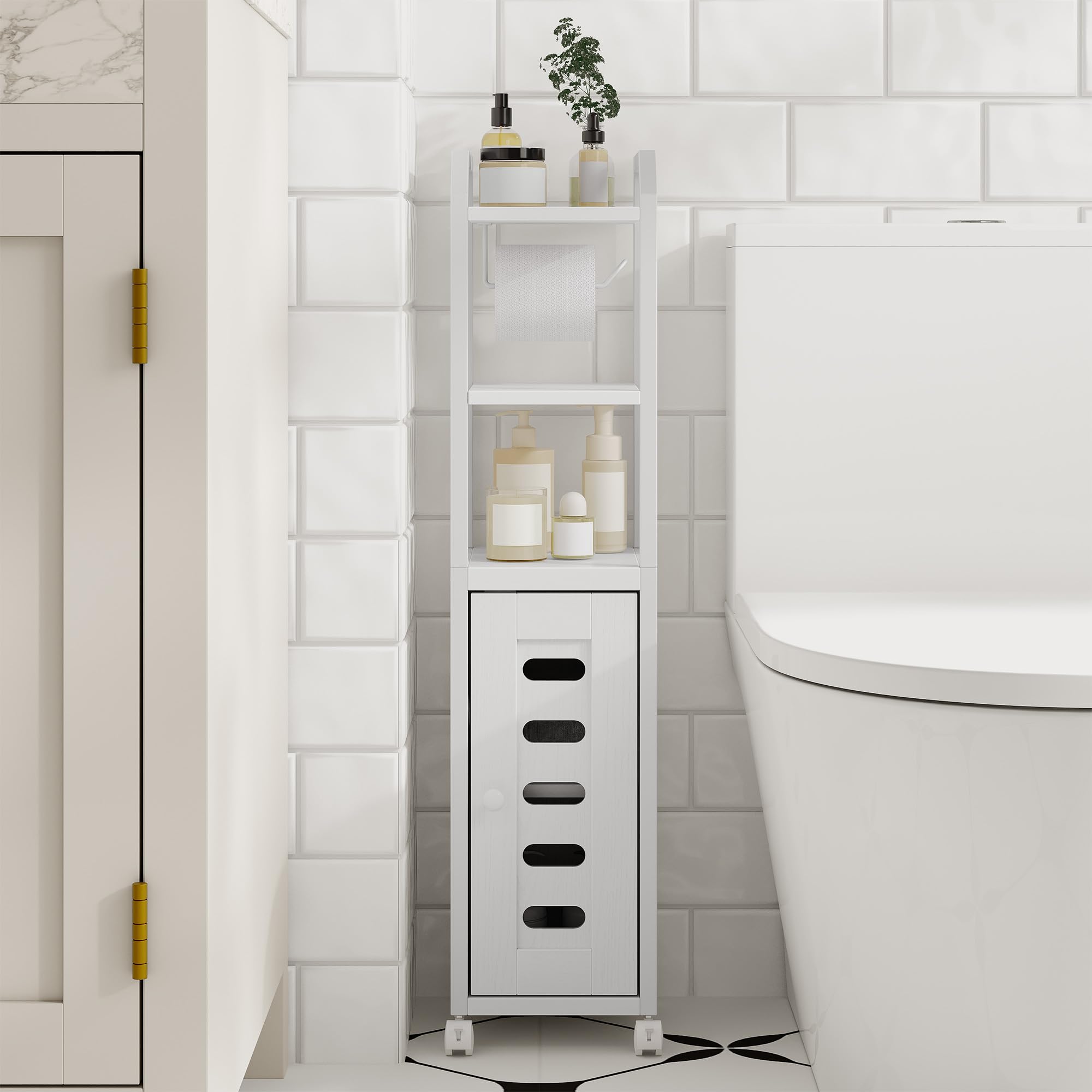 Hzuaneri Bathroom Storage Cabinet - Toilet Paper Storage Cabinet, Small Toilet Paper Holder with 4 Wheels, Bathroom Organizer with Adjustable Shelf,