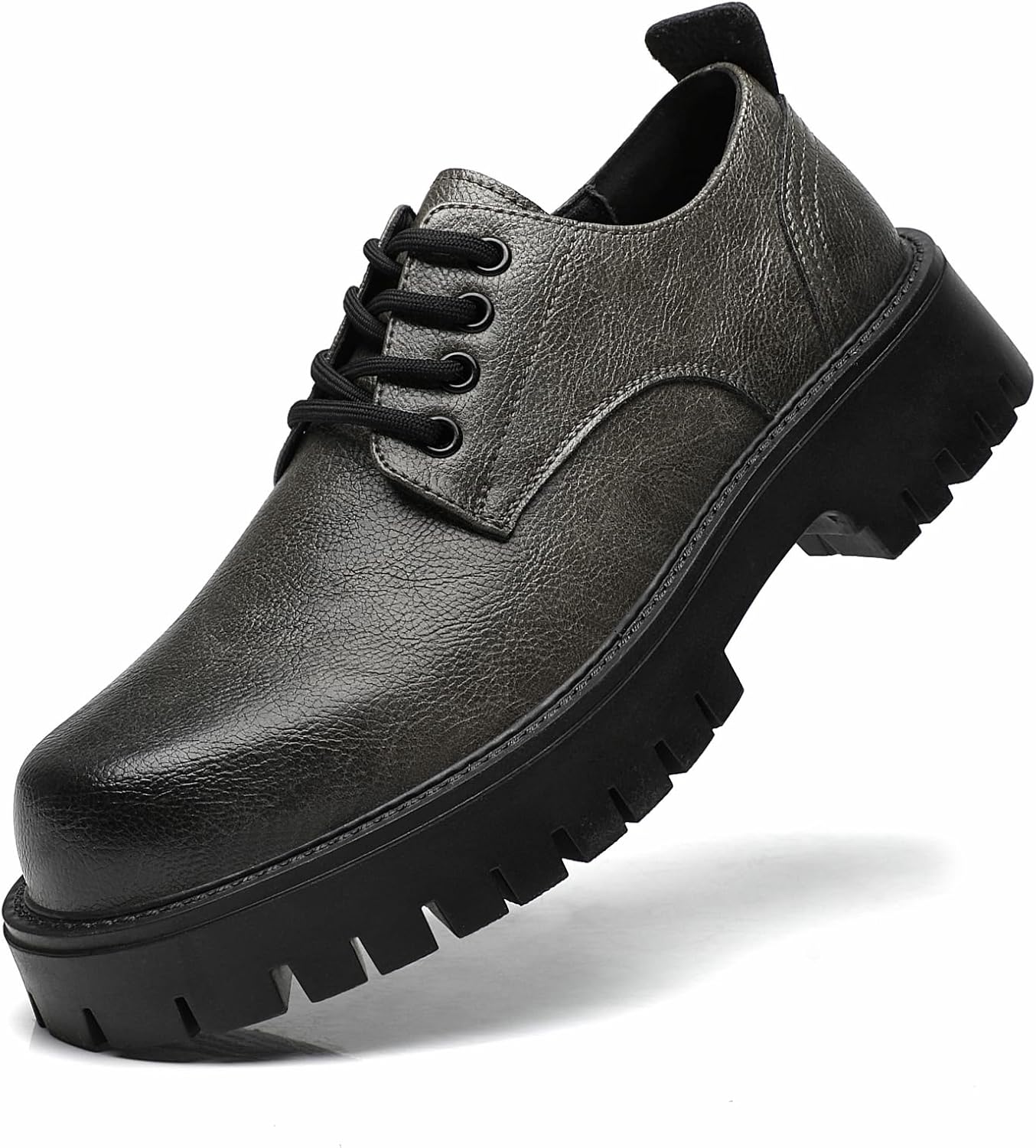 Men's Leather Platform Block Heel Oxfords Classic Round Toe Lace Up Lug Sole Soft Bottom Business Work Dress Shoes Non-Slip Heightening Derby Shoes